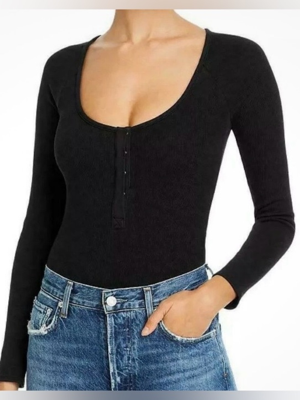 NWT Good American Black Ribbed Scoop Neck Long Sleeve Henley Bodysuit. Size 3XL